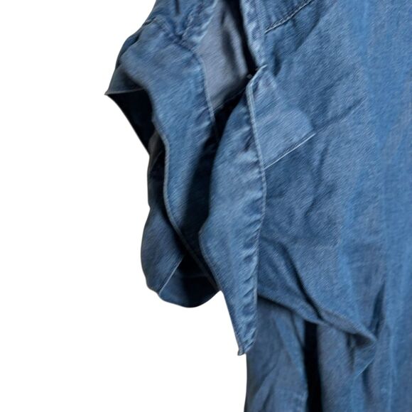 Ruby Rd Blouse Women's Petite Large Blue Popover Chambray Short Sleeve Tie Top - Picture 6 of 10